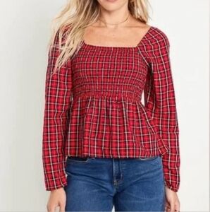 Old Navy L Red Tartan Plaid Smocked Peplum Top Long Sleeve Holiday Blouse